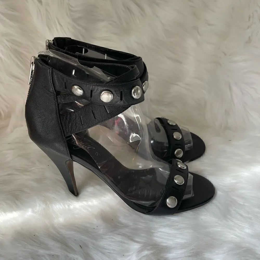 Fergie leather black ankle straps sandals with silver tone studs size 8M